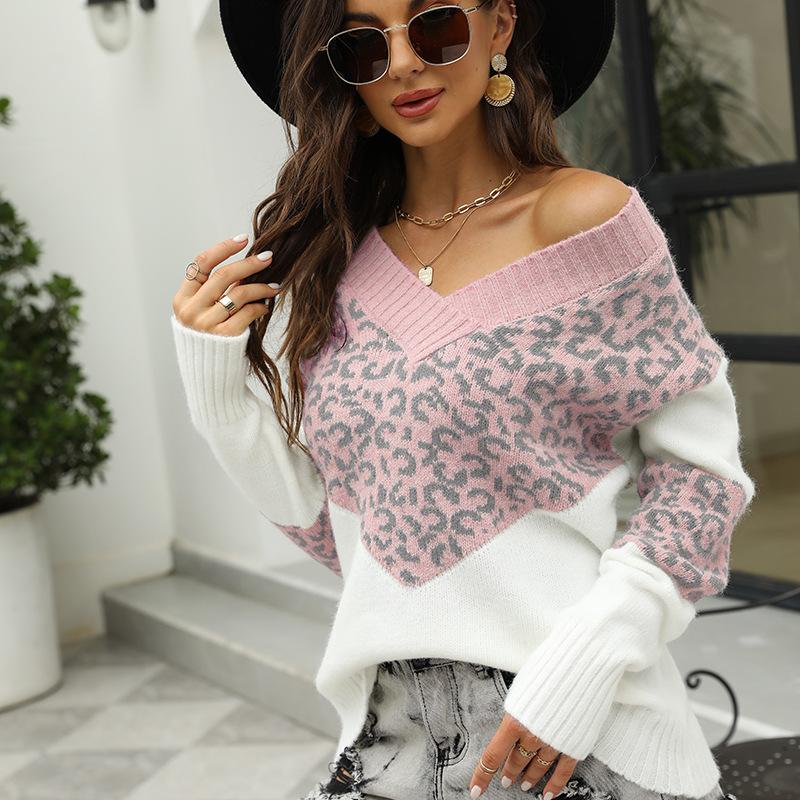 New Autumn Winter Women Patchwork Sweaters V Neck Loose Full Sleeve Vintage Leopard Pullovers Knit Long Sleeve
