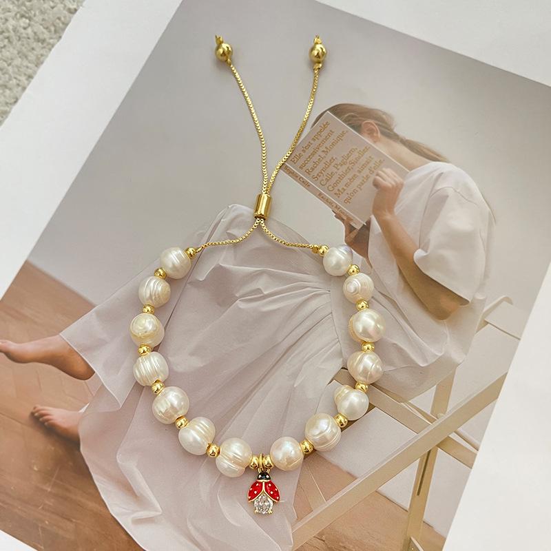 Christmas Ladybug and Bee Handmade Bracelet with Zirconium and Freshwater Pearls