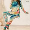 Women Plus Size Two Piece Pant Set Round Neck Long Sleeve Printed Pink Purple Longline Top And Fitted Pants