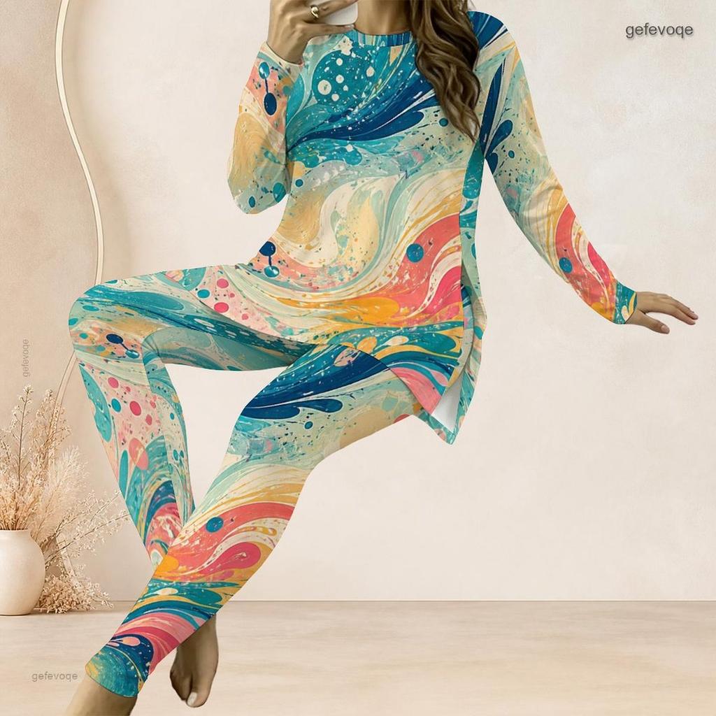 Women Plus Size Two Piece Pant Set Round Neck Long Sleeve Printed Pink Purple Longline Top And Fitted Pants