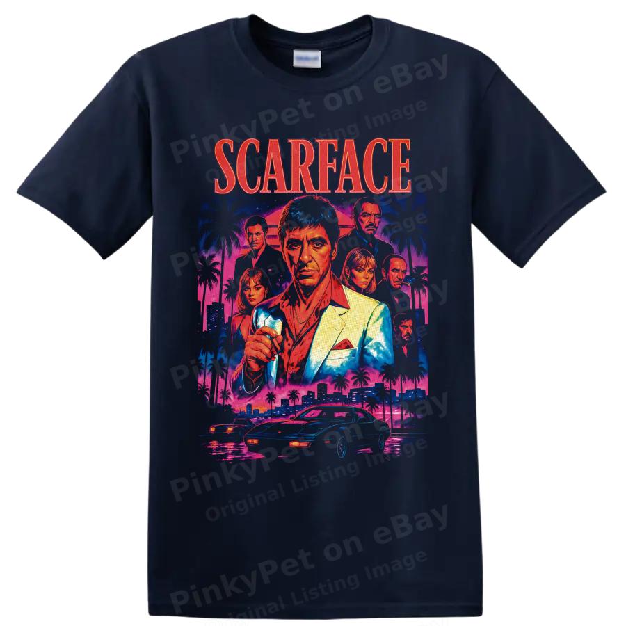 Scarface Tony Montana Elvira Hancock Miami Neon Movie T Shirt Graphic Tee Retro