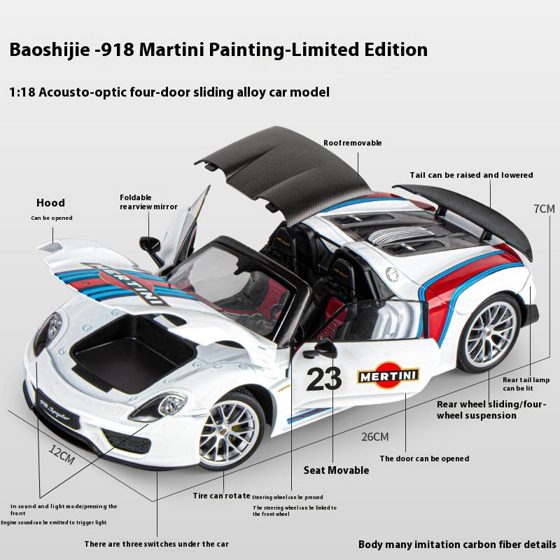 1/18 Porsche 918 Martini Lackiert Limitierte Edition Legierung Druckguss Modellauto Sammlung von Hobby-Ornamenten Ton & Licht Serie Geschenk