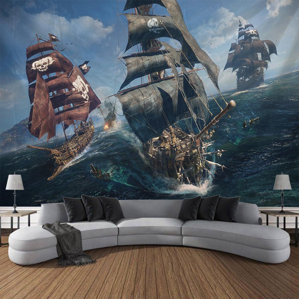 Navigation Landschaft Wandteppich Retro Piratenschiff Kunst Wandbehang Fantasy Bohmische Ästhetik Dekoration Raum Kunst Wanddekoration