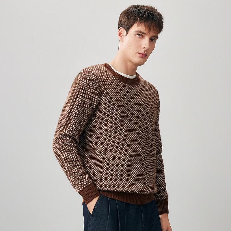Kemongboka Men's 100% Wool Jacquard Round Neck Thick Knit Sweater