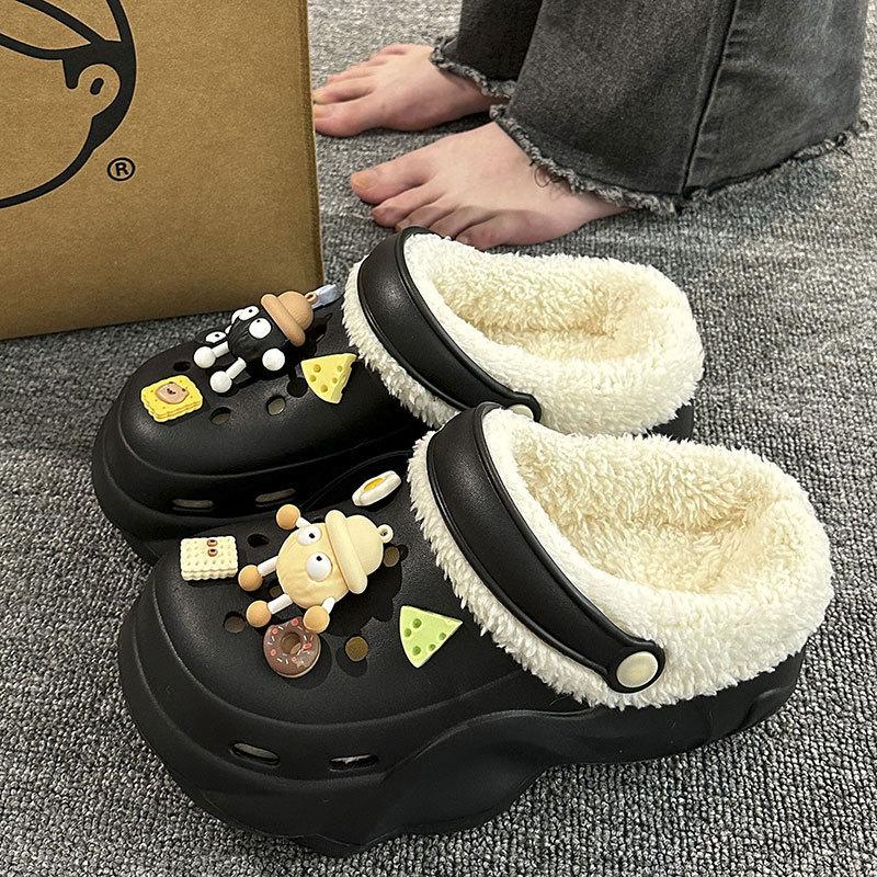 New velvet hole shoes women's winter non-slip outer wear cotton shoes heightened thick-soled home removable cotton slippers