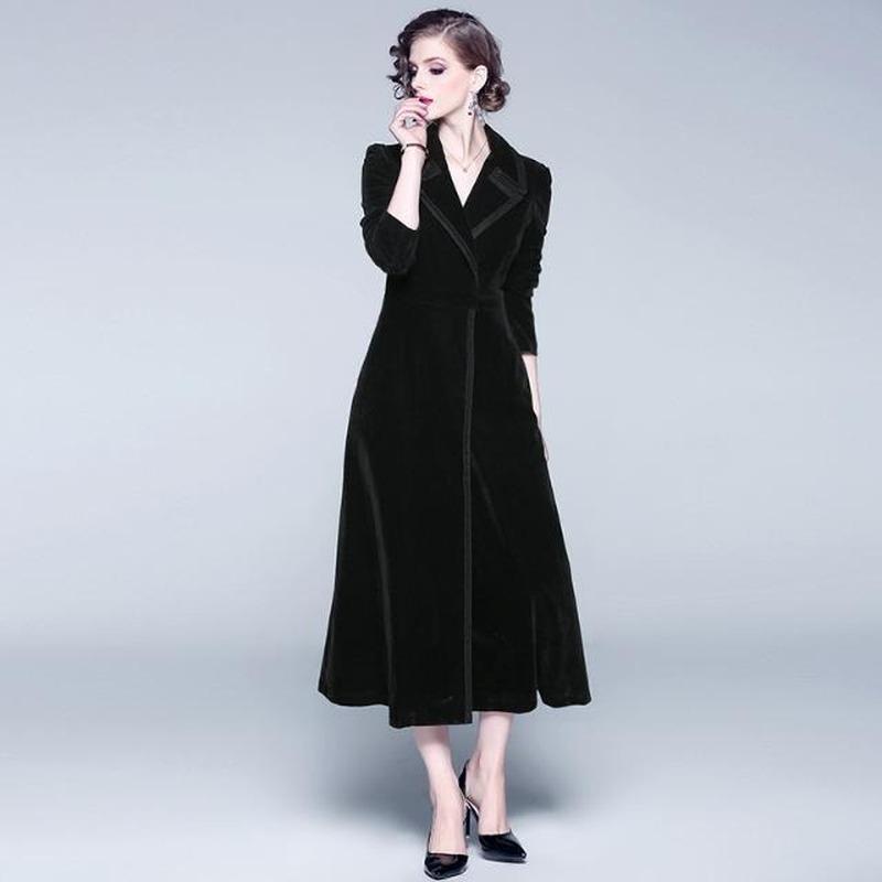 Autumn Women Vintage Wrap Black Velvet Maxi Coat Thick Warm Long Trench Coat Outwear
