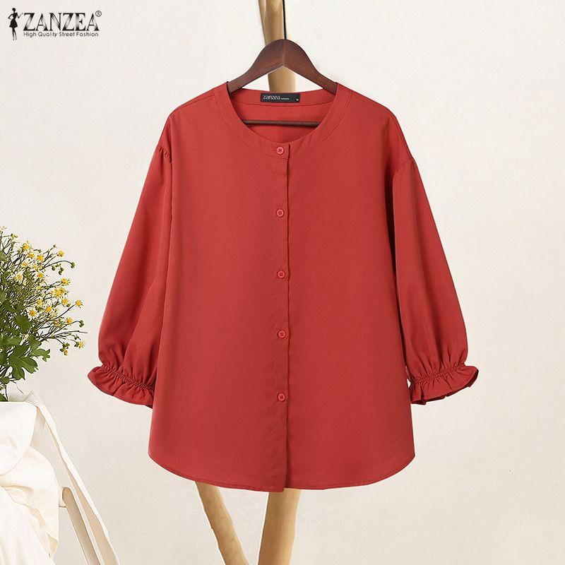 ZANZEA Women Casual Round Neck Solid Color Loose 3/4 Sleeve Blouse