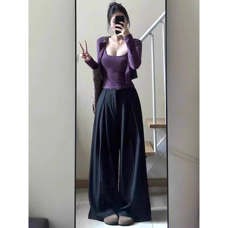 Early Spring Purple Cotton Two-Piece: Sleeveless Camisole & Slimming Long Sleeve Cardigan for Women