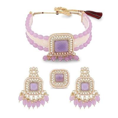 Purple Multistrand Kundan Stones & Beads Choker Necklace Earring & Ring Set For Women