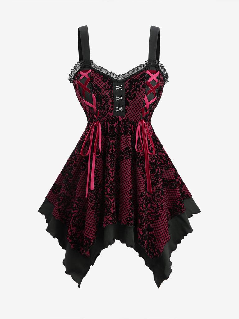 Rosegal Plus Size Plaid Floral Flocking Lace-up Asymmetrical Lace Trim Tank Top