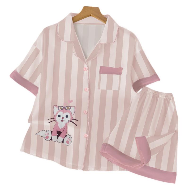 Summer Ice Silk Pajamas Female Sweet Lina Belle Simple Cartoon Striped Wear Loungewear Suit