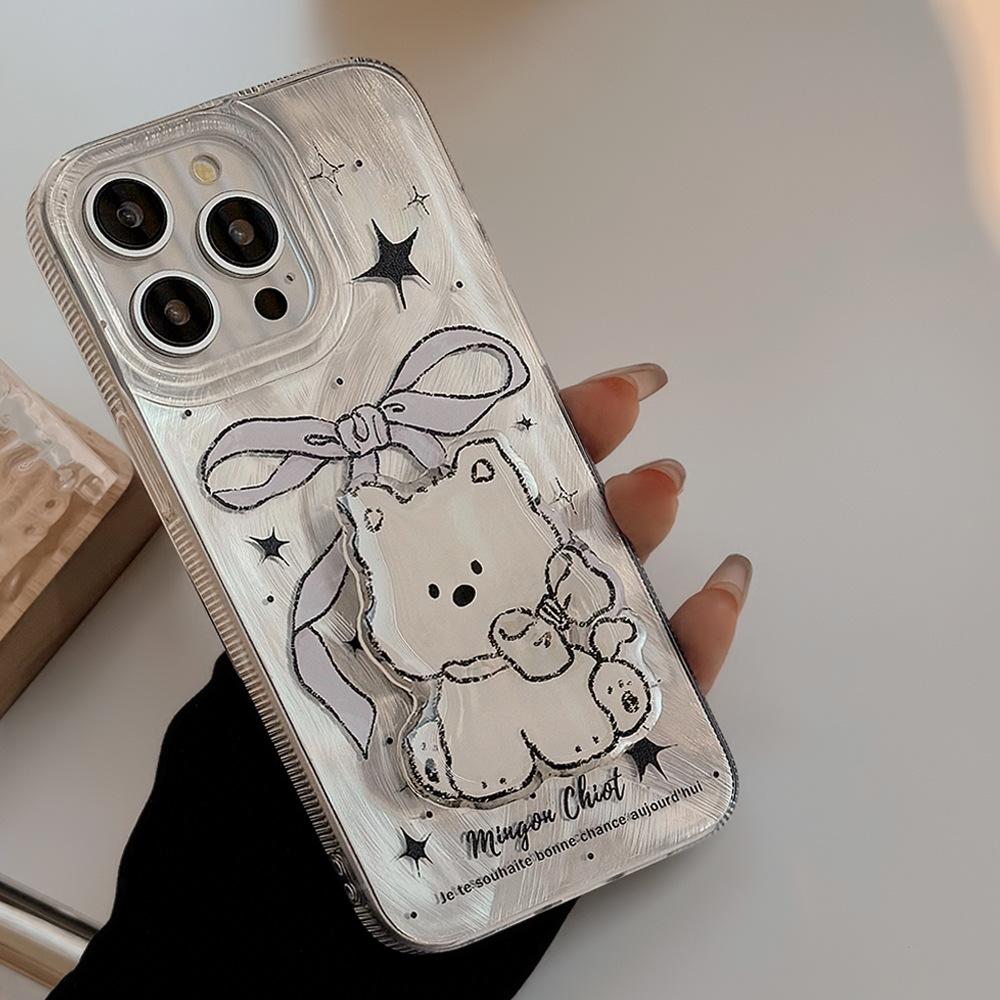 Sweet Bow Dog Stand Apple 15promax Suitable for Iphone13 Mobile Phone Case 16 Feather Yarn 14 Hard