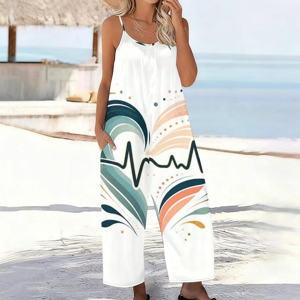 Women Spaghetti Strap Jumpsuit Cartoon Night Moon Cloud Star Print Wide Leg Pants With Pockets