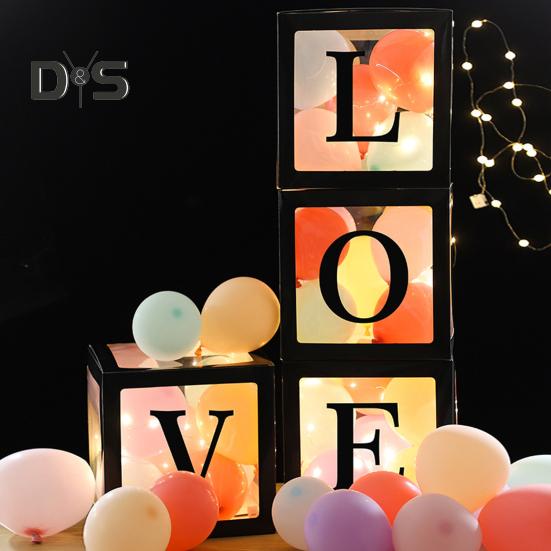 4 Pcs Balloon Box DIY Assembly Transparent Paper Box Balloon Box with Letters Reusable Stackable Cube Decorative Box for Party Wedding Birthday