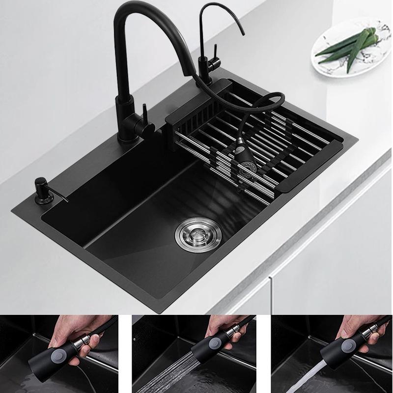 Stainless Steel Black Nano Large Single Bowl Kitchen Sink for Vegetables, Dishwashing, and Handwashing, Thickened Handmade Design