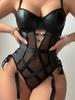 Solid Color Sexy Backless Deep V Bodysuit Pu Mesh Patchwork With Suspenders Sleeveless Charming Pure Desire   Bodysuit Women