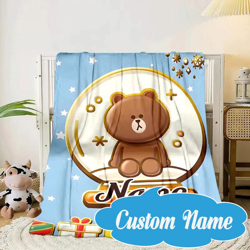 Custom Name Brown Bear Celebration Blanket bed sofa Blanket Flannel Blanket for Camping, Hiking, Picnic Essentials,gift for Fan family