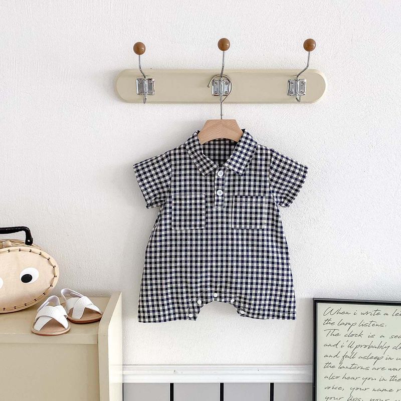 New Boys' Plaid Romper, Newborn Summer Pure Cotton Short-Sleeve Shirt, Baby Onesie, Thin Style