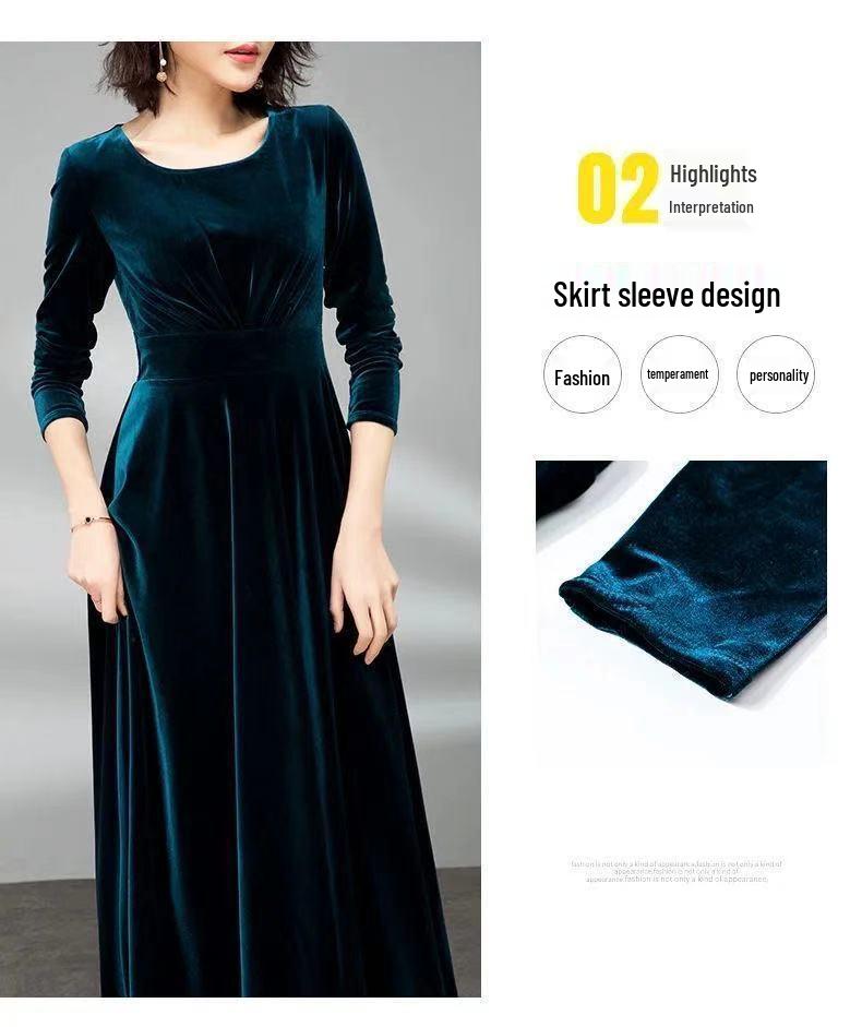 Elegant Autumn/Winter Golden Velvet V-Neck Pleated A-Line Dress with Waist-Cinching and Wide Hem