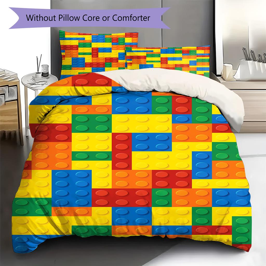 Building Blocks Pattern Bedding Quilt Set Quilt Cover Pillowcase Home Decoration Gift (1 * Duvet Cover + 2 * Pillowcase, Without Core)