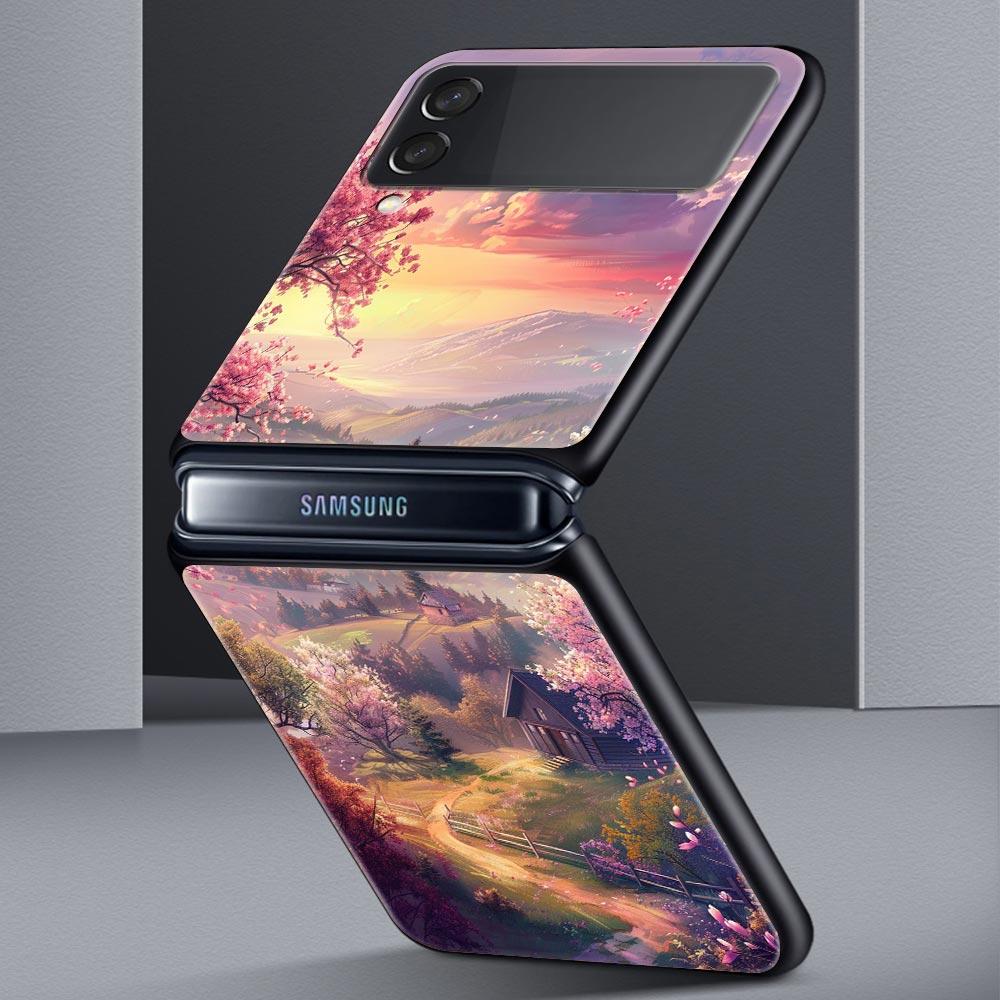 Korean Flower Hard PC Phone Case For Samsung Galaxy Z Flip 7 6 5 4 Black Cover For Galaxy Z Flip 3 Foldable Shell Fundas Capas