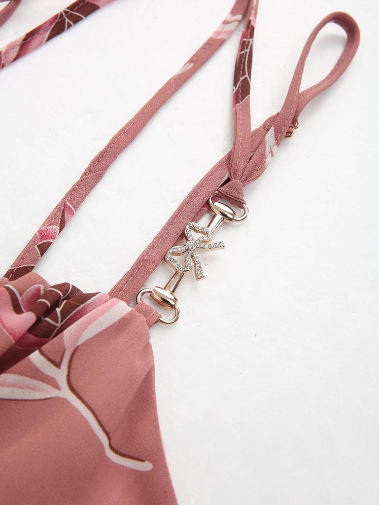 Rosegal Plus Size Floral Leaves Printed Crisscross Strappy Butterfly Buckle Decor Ruffles A Line Cami Dress