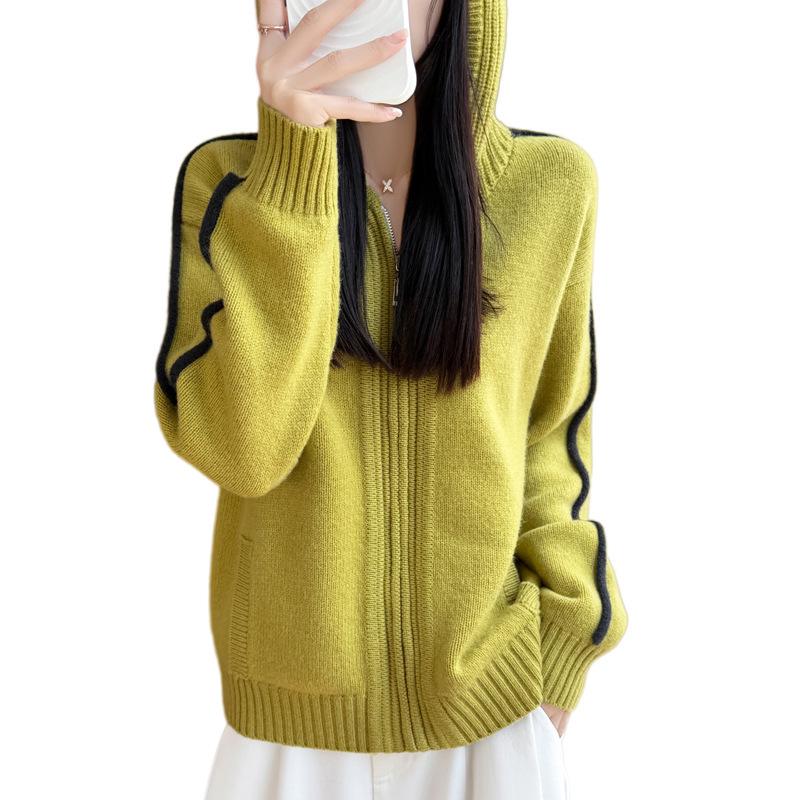 2026 A/W Women's Pure Wool Hooded Zip Cardigan - Thick Seven-Stitch Color Block Sweater