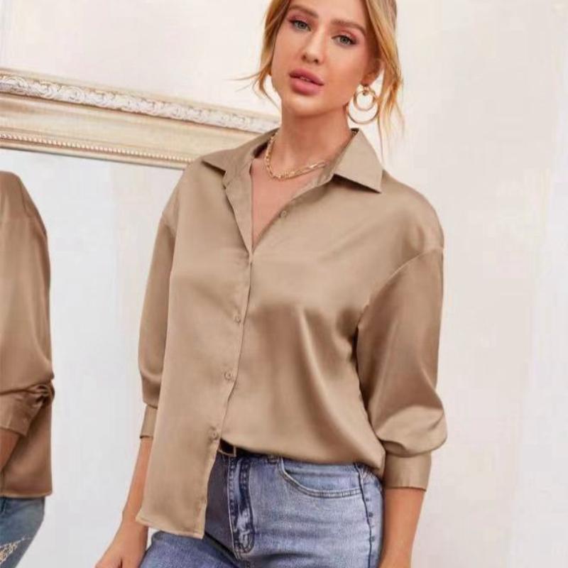 Camisas Casuales Holgadas de Manga Larga de Moda para Mujer Primavera y Verano Nuevo Blusas Tops de Oficina para Señoras Abotonadas Solapa Sólido Simple Slim Camisa de Mujer 26257