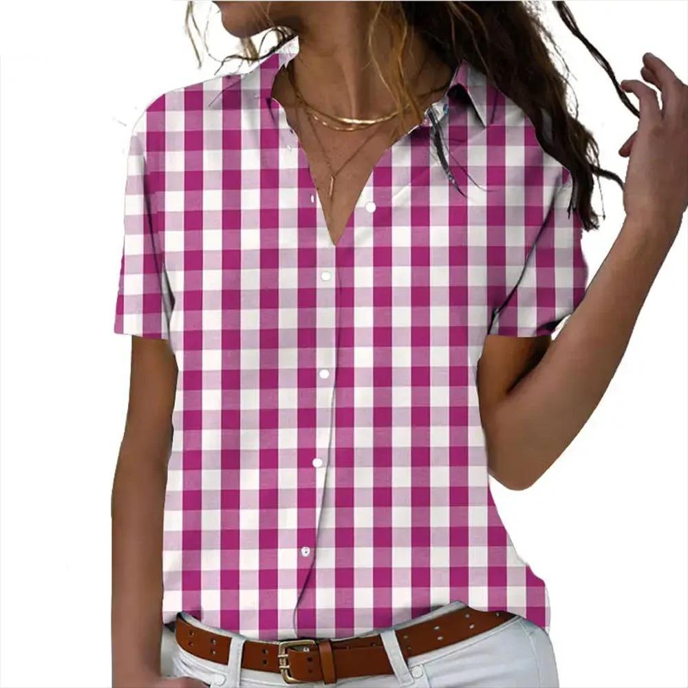 Elegant Women's Short Sleeve Shirts Casual Block Plaid 3D Printed Fashion Turndown Collar Basic Shirts Office Ladies Tops Blouse