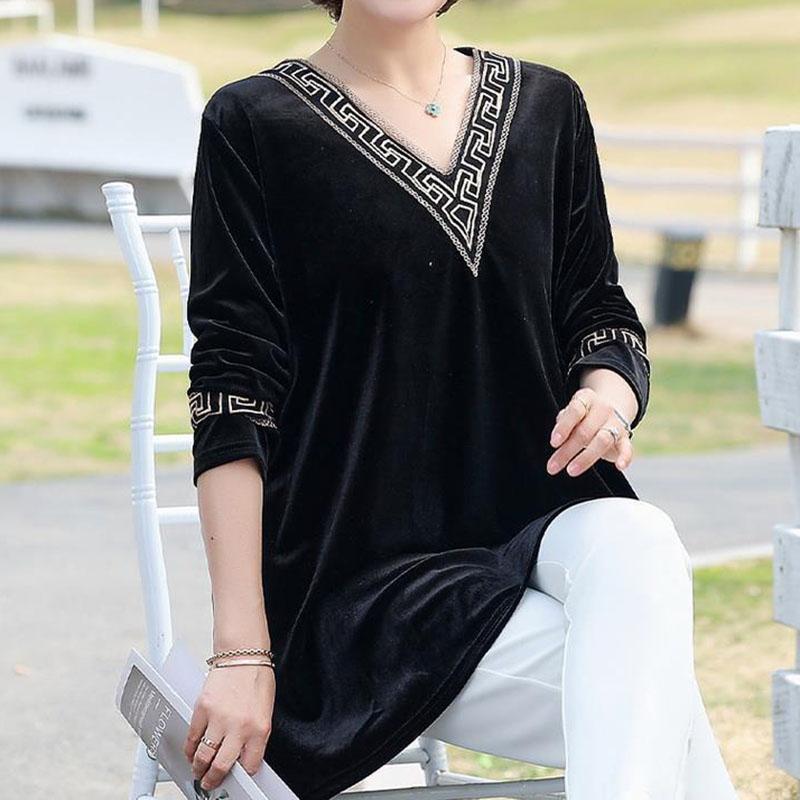 Women's Plus Size Blouse Loose V-Neck Velvet Blouse Spring Autumn Long Sleeve Velvet Pullover Top