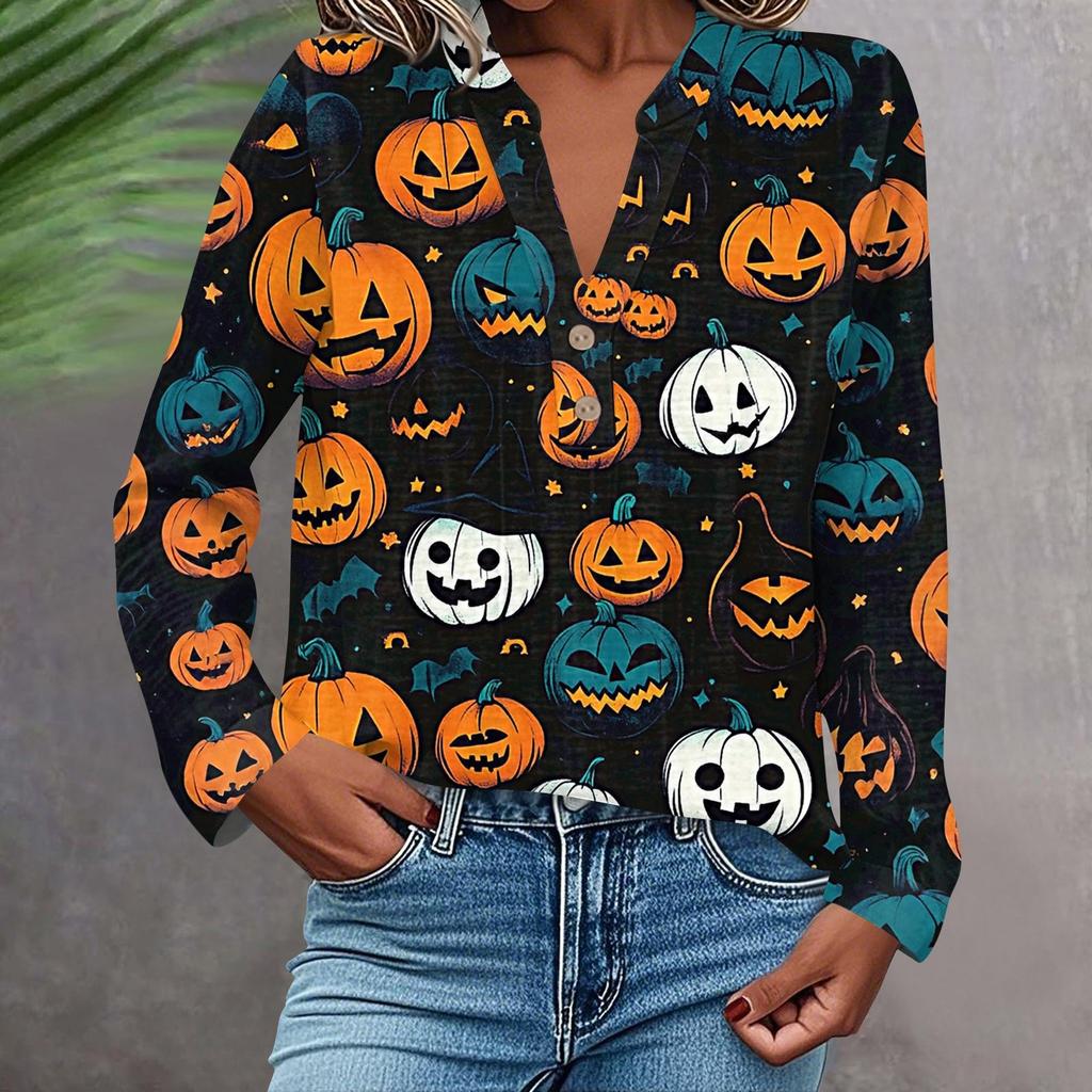 Dame Moteabel Og Casual Skjorte Langermet V-hals Knapp Trykt Bluse Topp