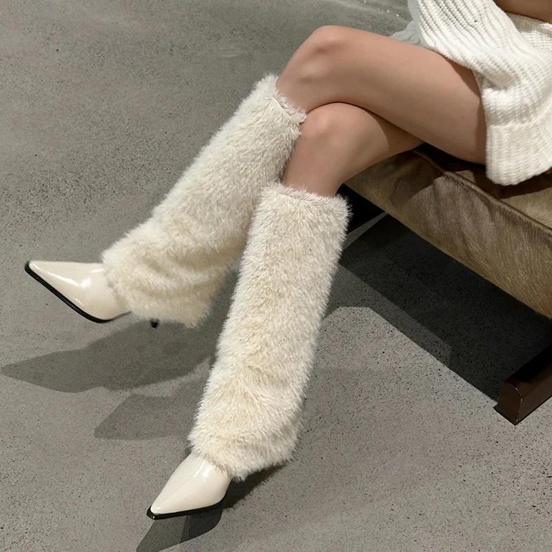 Fashion Design Style High Heels Women Knee-High Long Boots Pointed Toe Furry Ladies Long Booties Hottie botas de inverno feminina