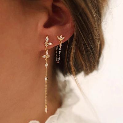 2PC Stainless Steel Zircon Tassel Chain Dangle Earrings For Women Fashion Gold Color Butterfly Pandent Earring Piercing  Jewelry