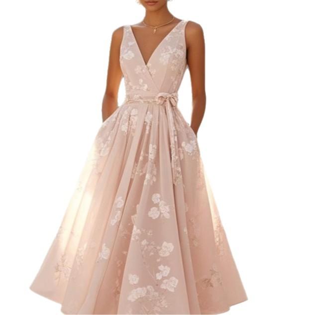 Women's Light Pink Sleeveless Dress with Floral Embroidery and Waist Bow