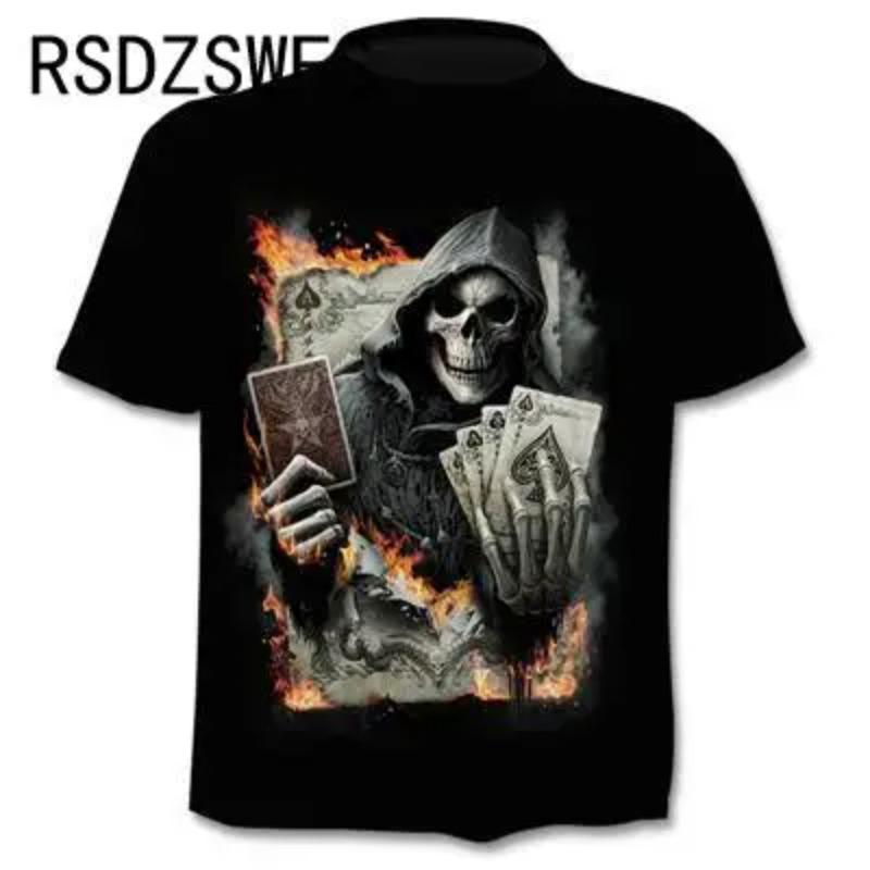 Round Neck 3D Skull Printed Top Fashionable Casual Short Sleeved Men's T-shirts - Soft Medium Stretch Polyester Fabric Summer Relaxed Fit Clothing