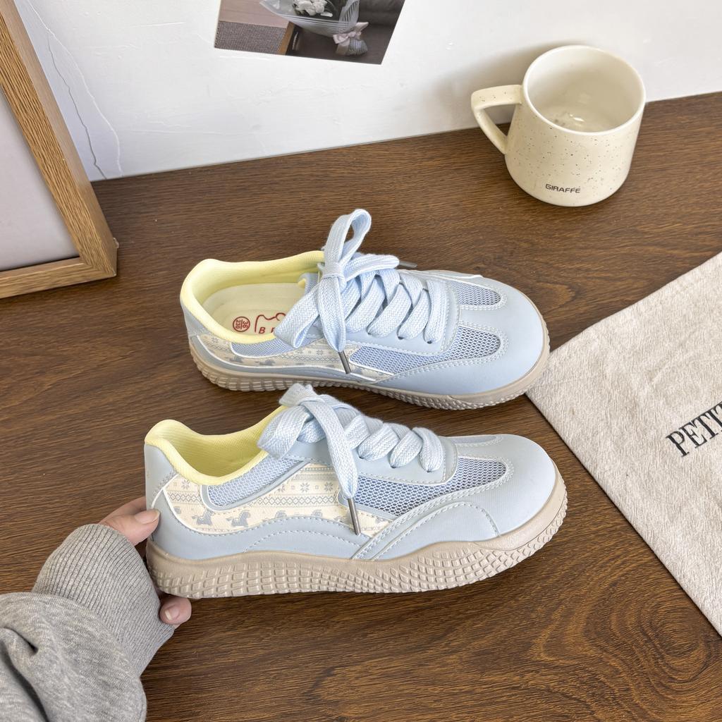 Girl Korean‑Style Mesh Leather‑Surface Skate Shoes Breathable Fashion Casual White Sneakers for Spring Autumn