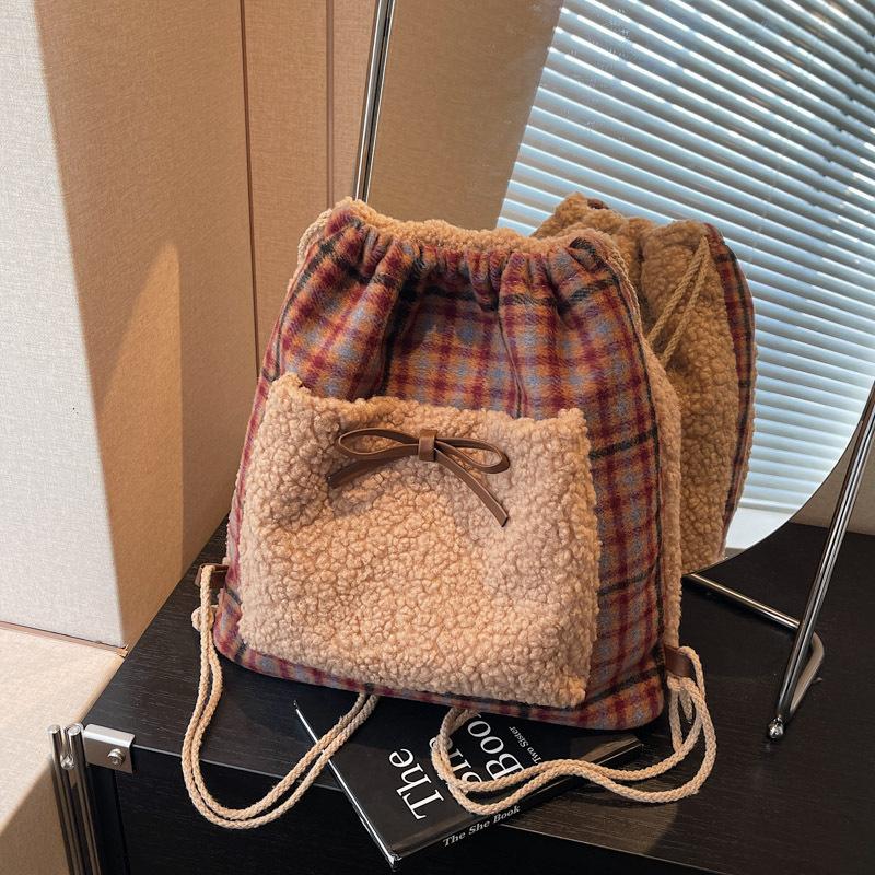 Plush backpack women's large capacity new casual fashion bucket bag niche shoulder bag