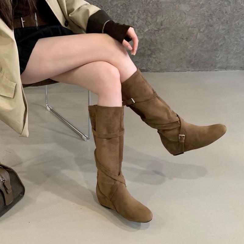Small Inner Height Increase Belt Buckle Suede Western Cowboy Boots Women's Round Head Cover Boots Inner Height Increase But Knee Boots