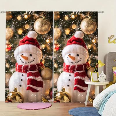 2pcs  Cute Christmas Snowman Printed Curtain for Christmas Home Decor - Rod Pocket Window Treatment for Bedroom, Office, Kitchen