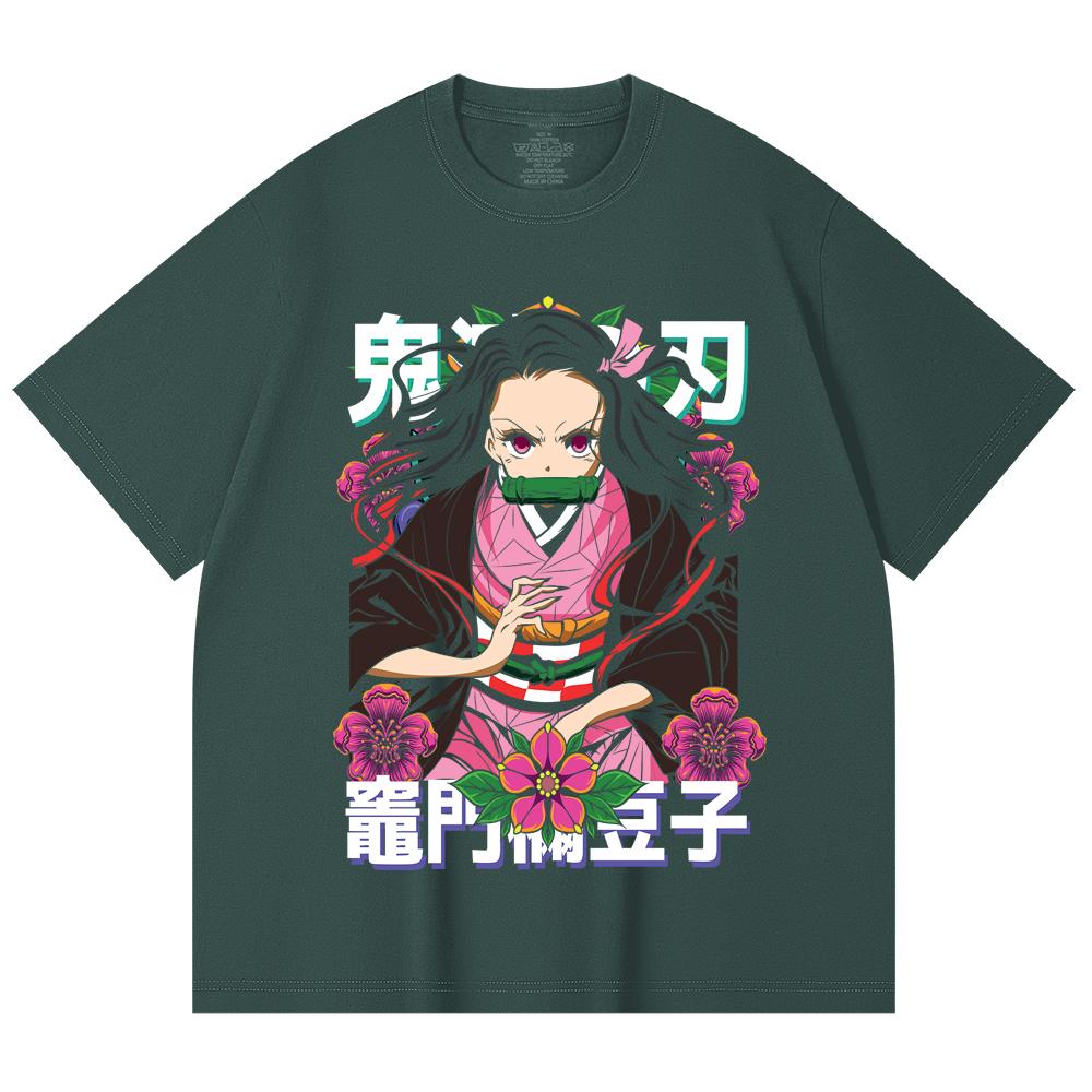230 Gsm 100% Cotton Demon Slayer V70 Nezuko Flower Print Unisex Heavy Cotton T Shirt