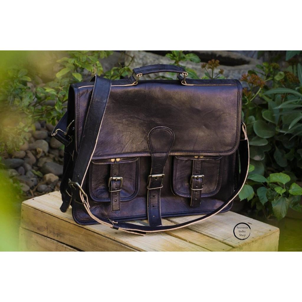 Mens Genuine Vintage Large Black Leather Shoulder Messenger Laptop Bag Briefcase