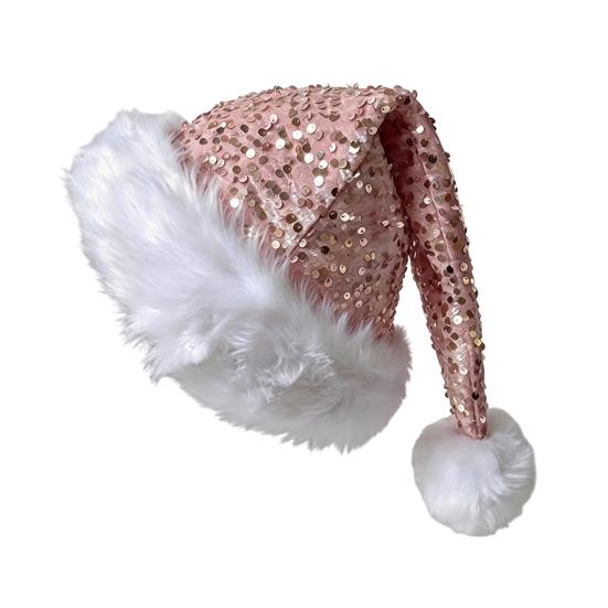 Christmas Decoration for Holiday Events Sparkly Santa Hat Women Men, Glitter Sequin with White Fluffy Trim Gift Friends Family And Pom Pom,