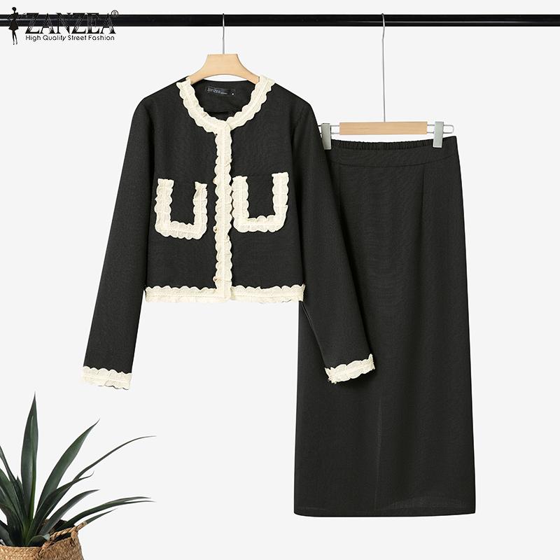 ZANZEA Two Pieces Women Patchwork Long Sleeve Texture Tops and Skirt Sets