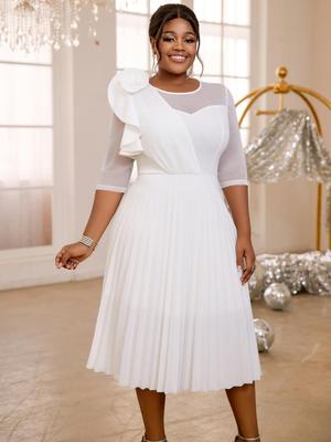 Weißes A-Linien-Kleid mit Rundhalsausschnitt, halblangen Ärmeln, Rüschen, Blumenmuster, Abend- und Geburtstagsparty, Midikleid für Damen