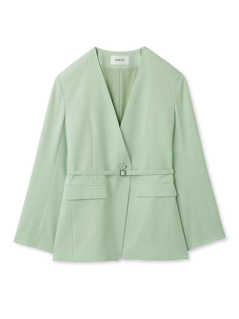 Waist ribbon collarless jacket