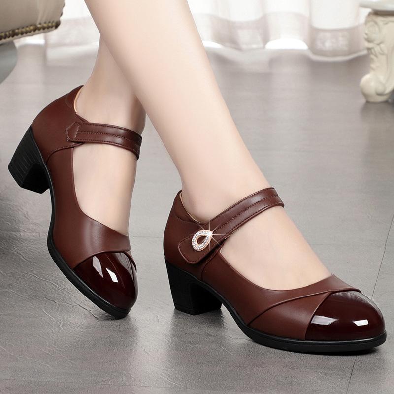 Autumn Soft Leather Shoes Soft Sole Comfortable High Heel Middle Heel Square Dance One-word Buckle Mother Shoes Shallow Mouth Dancing  Women's Shoes