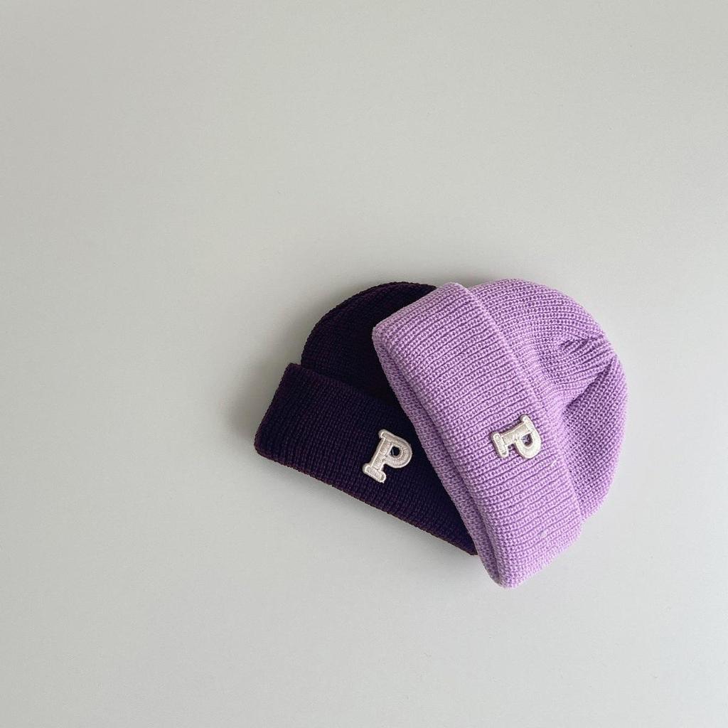 Korean Simple Letter P Logo Baby Knitted Wool Pullover Hat - Autumn & Winter Warm Melon Skin Baby Hat