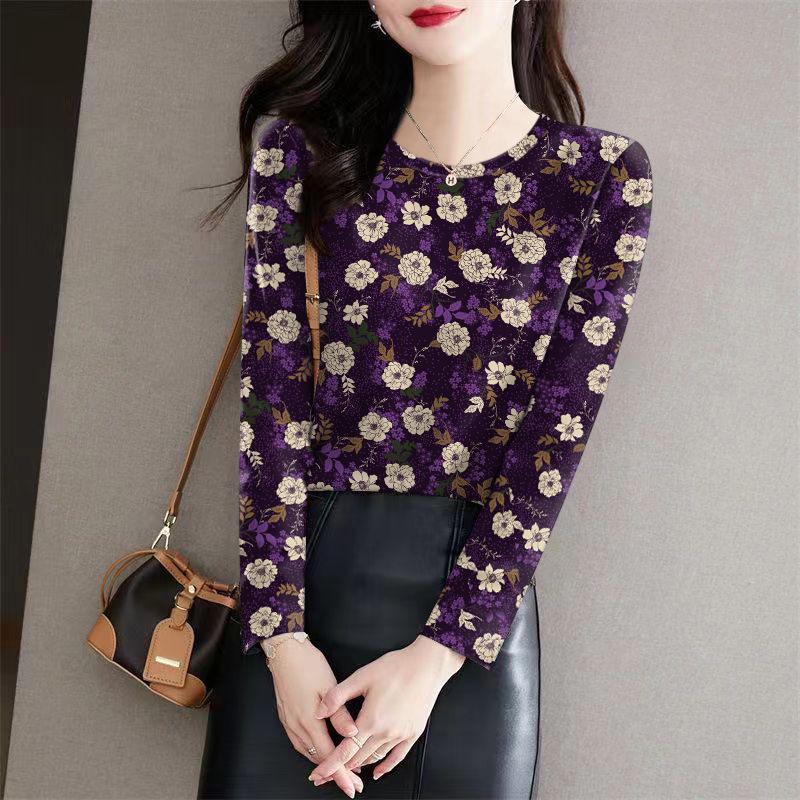 

Women s Floral Slimming Milk Silk Long Sleeve Base Layer Top for Autumn/Winter 2XL фіолетовий/квітковий