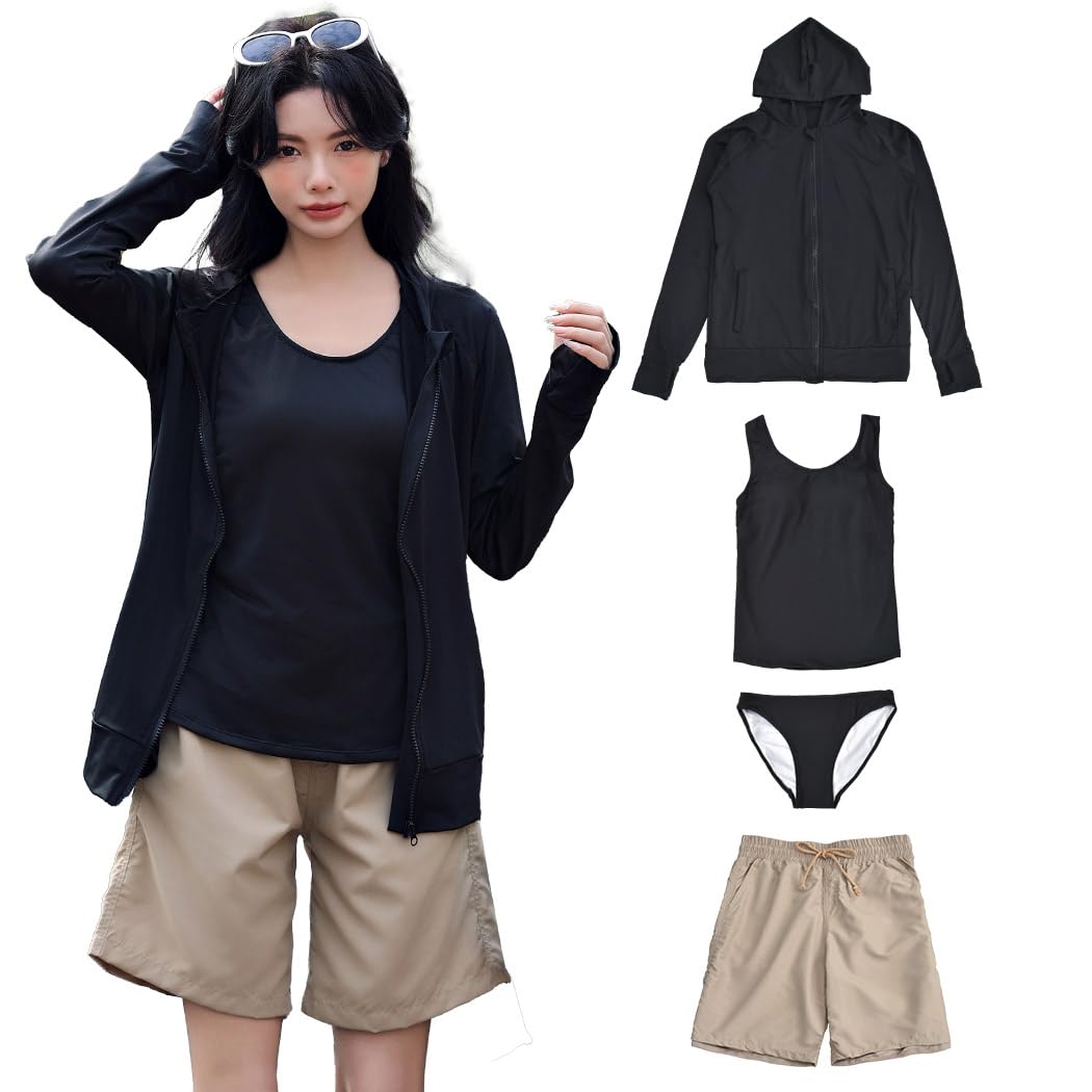 

Teddy Women s 4-Piece Swimsuit Set: Tankini, Long Sleeve Rash Guard, Bra Top, and Shorts, Size L (11), Black/Beige/Black (hys2327)