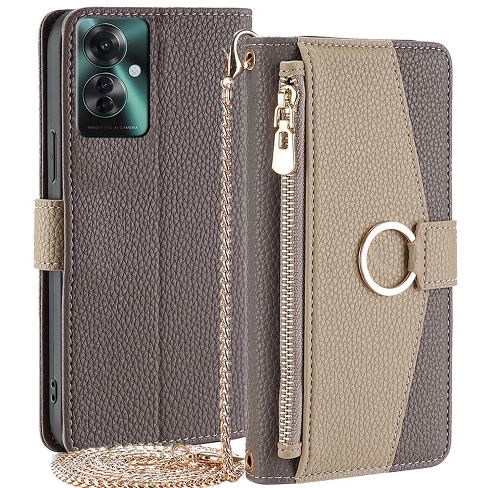 

For Oppo Reno11 F 5G/F25 Pro 5G Case Mirror Leather Zipper Wallet Phone Cover with Shoulder Strap Grey